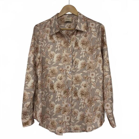 Elie Tahari Tops - Elie. Elie Tahari Silky Neutral Gray Tan Floral Print Blouse Sz Lg